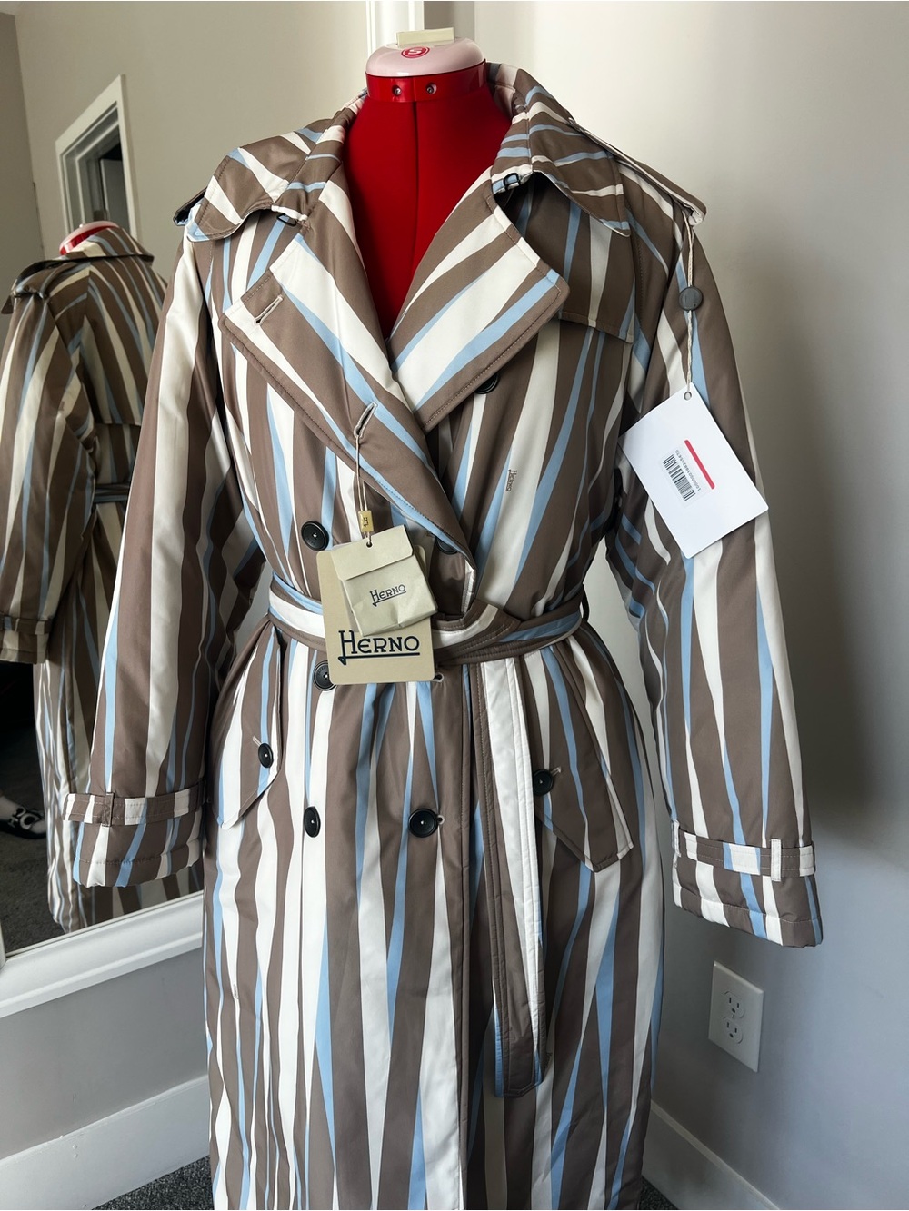 Herno Striped Double-Breasted Belted Trench Coat in Brown, White & Light Blue